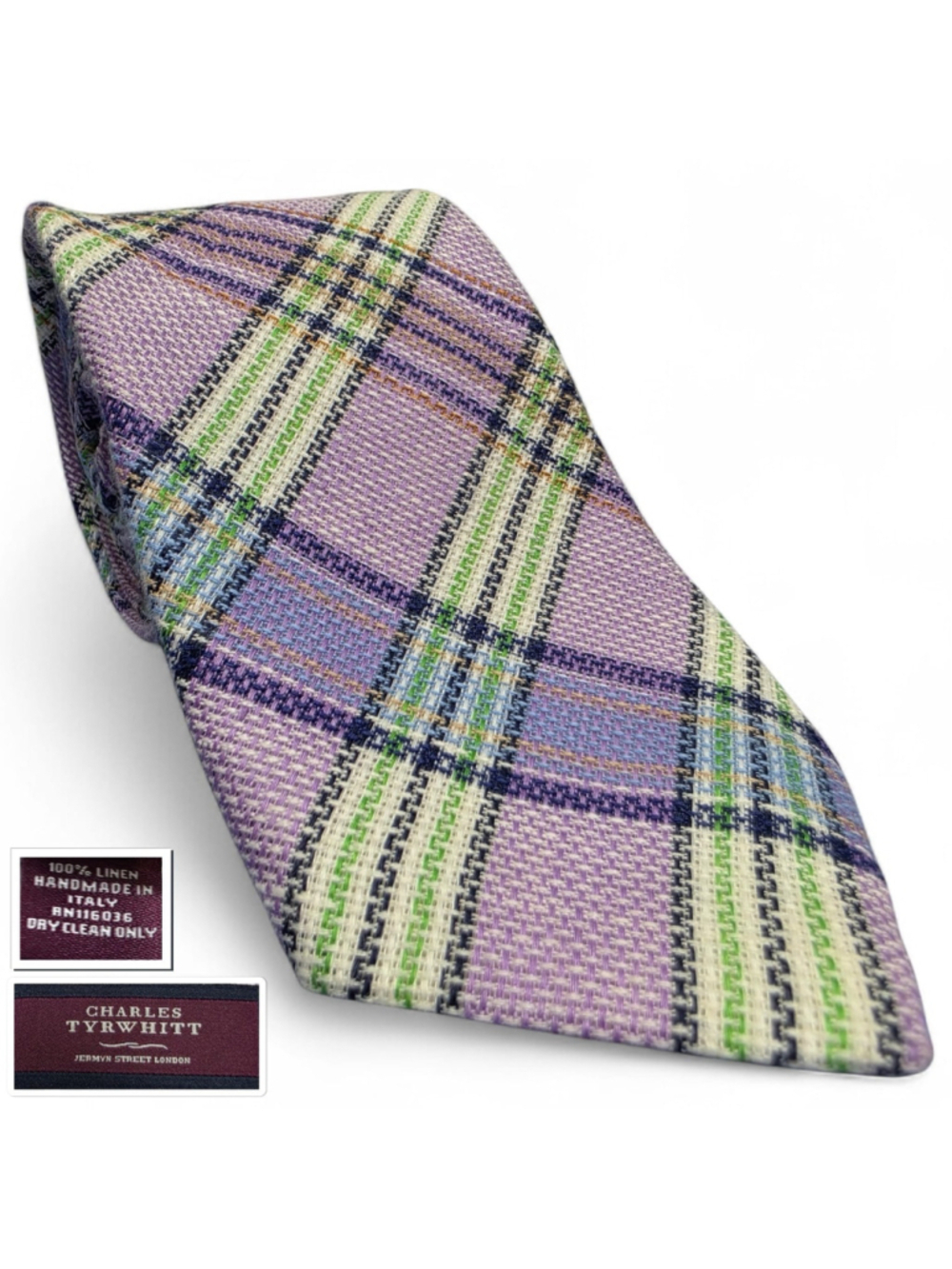 Charles Tyrwhitt Linen Tie Purple Plaid Check Made In Italy Classic Necktie